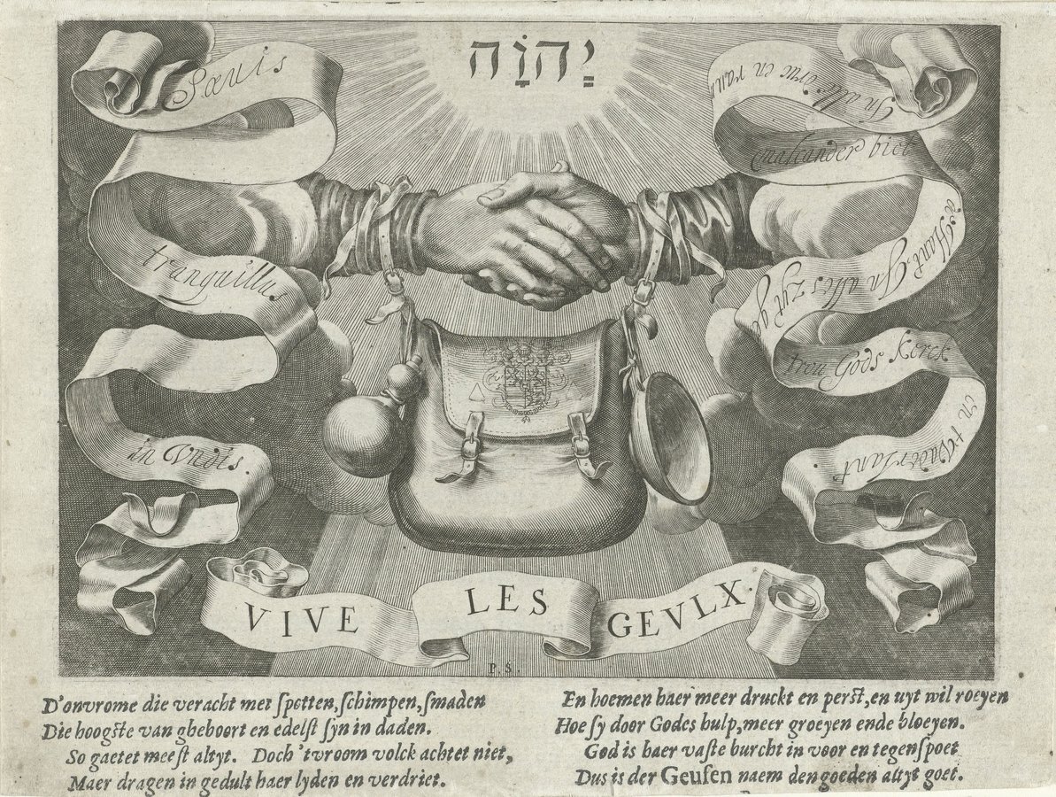 Geuzenembleem: twee gekruiste handen met bedelzak, met het onderschrift Vive les Geux