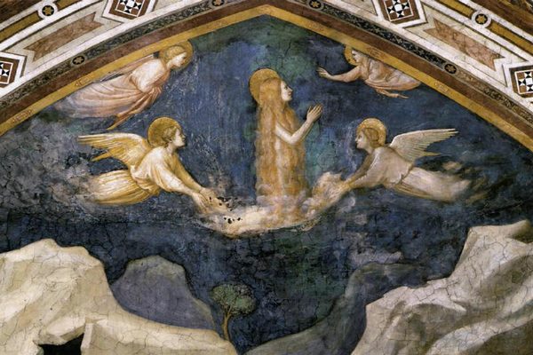 Giotto: Maria Magdalena zwevend, gedragen door engelen, fresco in Assisi