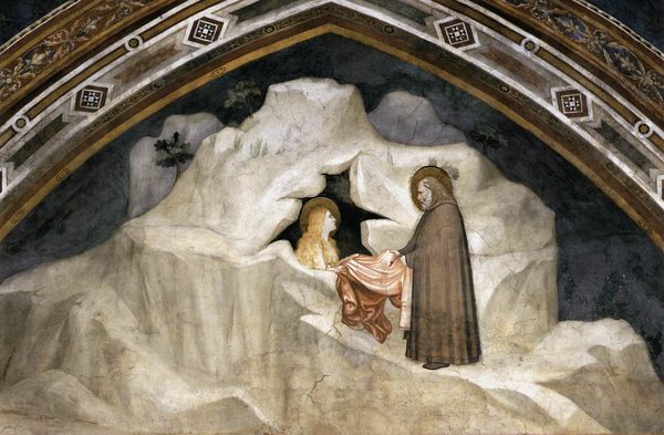 Giotto: abt Zosimus geeft zijn mantel aan Maria Magdalena, fresco in Assisi