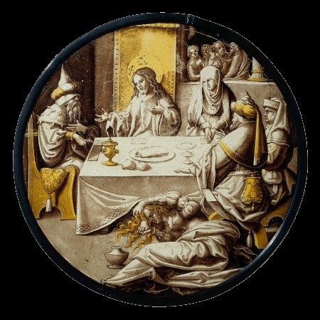 Gebrandschilderd rondeel: de zondares zalft Jezus' voeten tijdens het gastmaal bij Simon