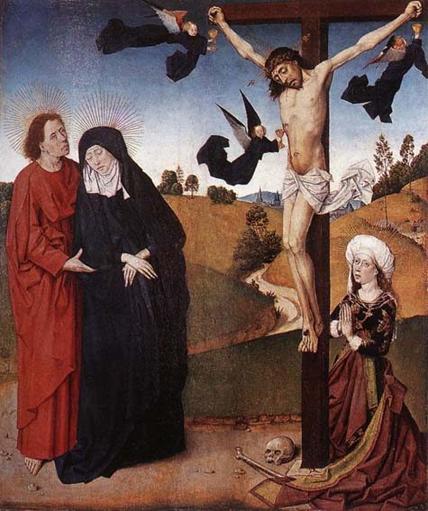 Christus aan het kruis met Maria, Johannes en Maria Magdalena aan de voet van het kruis