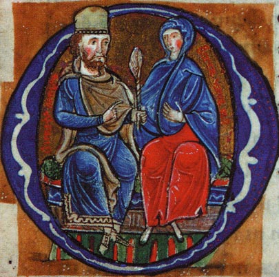 Miniature extraite de la Chronique de Vézelay par Hugues de Poitiers fol. 22 : copie du testament du comte Gérard de Roussillon, fondateur de Vézelay, représenté avec sa femme Berthe - ms., B.M. d’Auxerre, © atelier photographique des archives départementales de l’Yonne