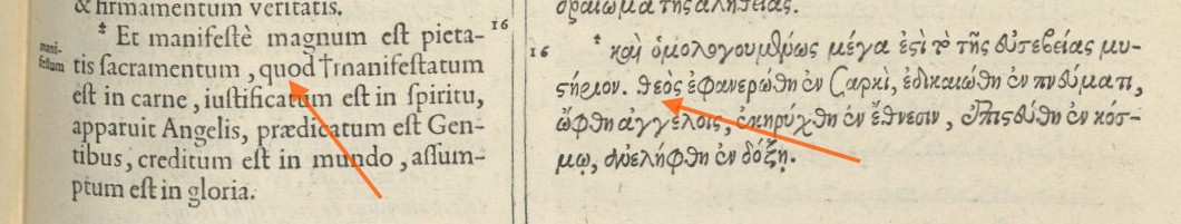 Antwerpse Polyglot deel V, rechterbladzijde: 1 Tim 3:16 in Vulgaat en Grieks