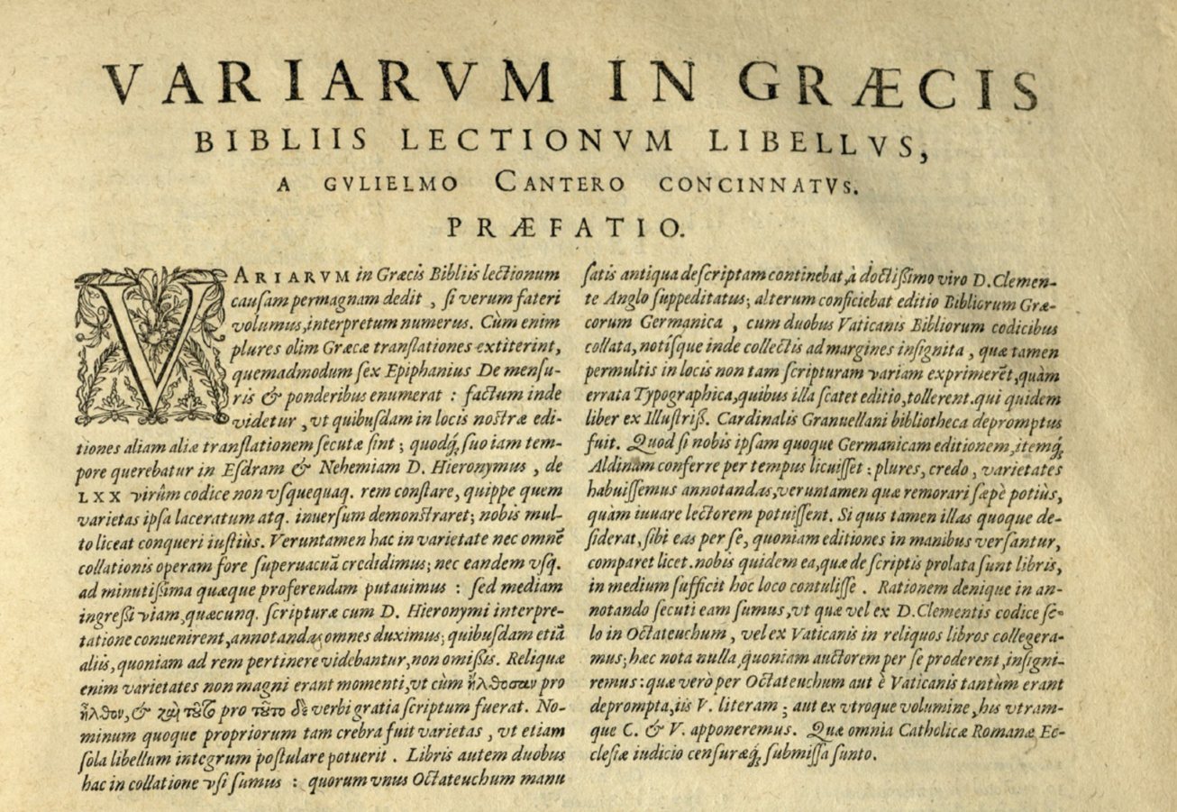 Facsimile van Canters praefatio, met titel in kapitalen, houtsnede-initiaal V en cursieve tekst in twee kolommen